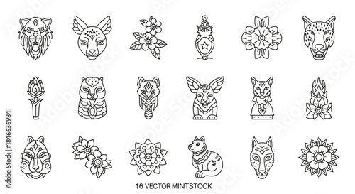 Set of vector designs showcasing intricate animal and floral motifs suitable for artistic projects