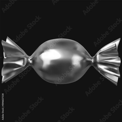 Realistic round candy in a metallic wrapper, isolated on a black background.