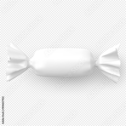Realistic round candy in a blank white wrapper with curled ends.
