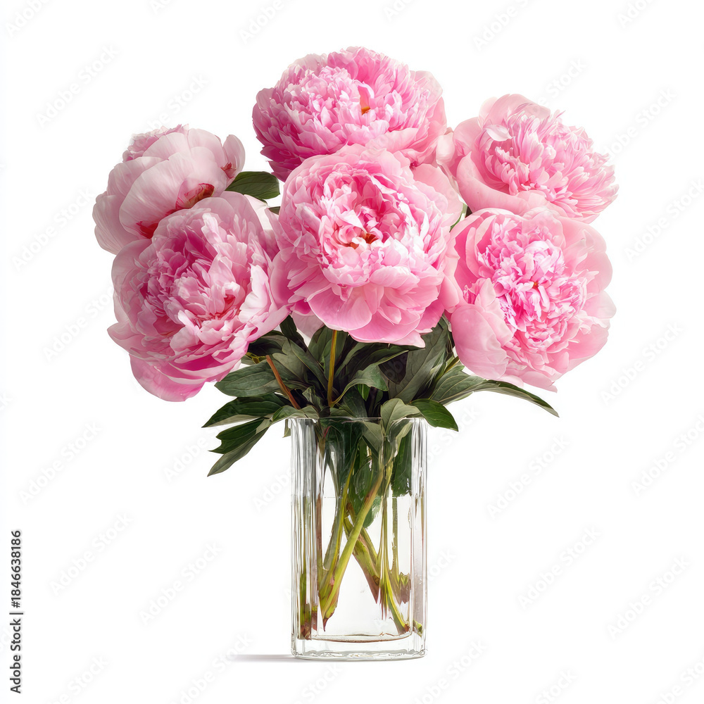 Obraz premium Pink peonies bouquet in clear glass vase with green leaves