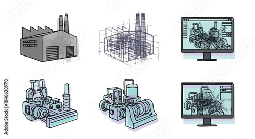 Exploring the industrial design journey through detailed illustrations of factory buildings, complex machinery, and advanced computer-aided engineering models.