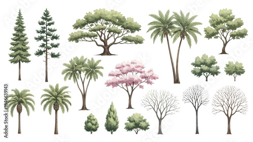 Set of diverse, realistic vector illustrations featuring various green and deciduous trees, pine trees, and palm trees for landscape design
