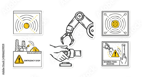 Illustrations of industrial automation icons including a robotic arm, emergency stop, and safety warnings.