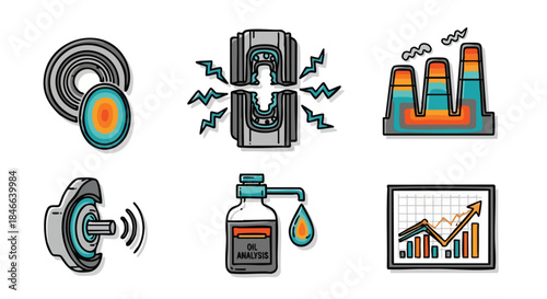 Collection of hand-drawn icons representing industrial concepts like manufacturing, oil, and data analysis.