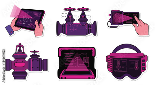 Augmented reality interfaces display industrial equipment and data on digital devices and VR headsets.