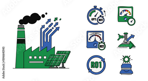 Green factory with solar panels and industrial icons symbolizing efficiency and sustainability in production processes.