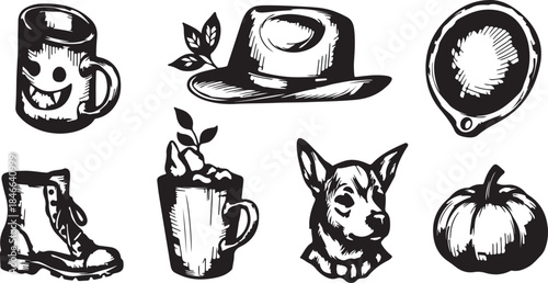 Black and White Illustrations of Hat, Mug, Boot and Dog, Pumpkin