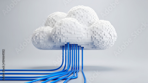 A pixelated white cloud, symbolizing innovative cloud technology and data storage solutions, with bright blue cables extending downwards on a clean grey background.