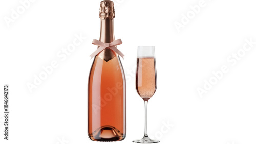 Isolated bottle of rosé sparkling wine next to a flute full of wine, celebration concept