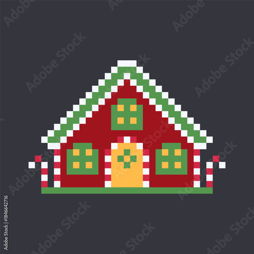 Pixel Art Red Gingerbread House Christmas Illustration on Dark Background