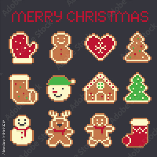 Pixel Art Gingerbread Cookies Christmas Icon Set on Dark Background
