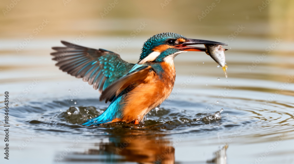 Obraz premium A stunning kingfisher bird with vibrant blue and orange plumage emerges from the water, having successfully caught a small fish, showcasing nature's beauty and survival.
