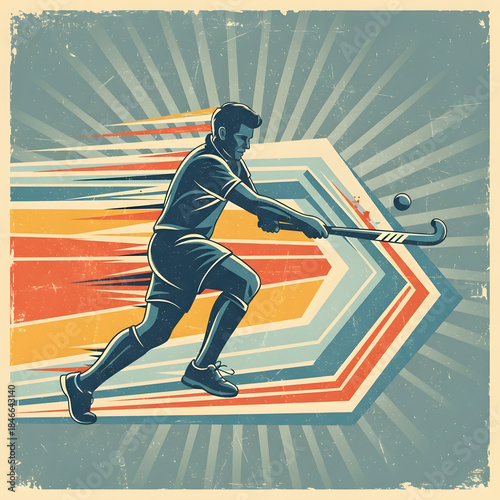 Field Hockey Player in Action with Stylized Background.