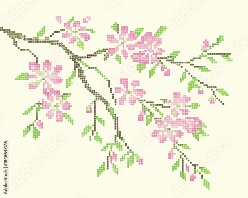 Delicate pink cherry blossoms depicted in a pixelated cross stitch style