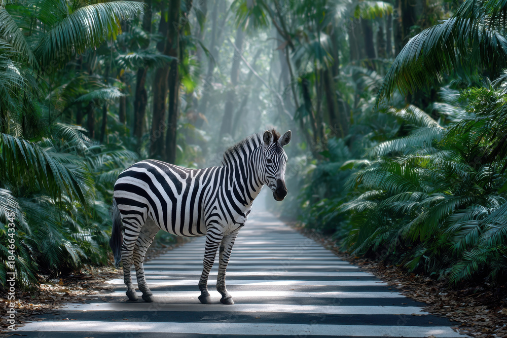 Obraz premium Zebra stands on a path surrounded by lush vegetation in a tropical forest