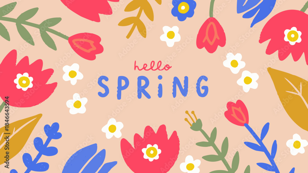 Obraz premium A cheerful spring greeting with colorful floral elements and handwritten text