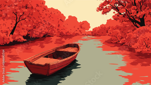 Red Raft Boat on Water with Trees Background for Outdoor Recreation and Nature Adventure
