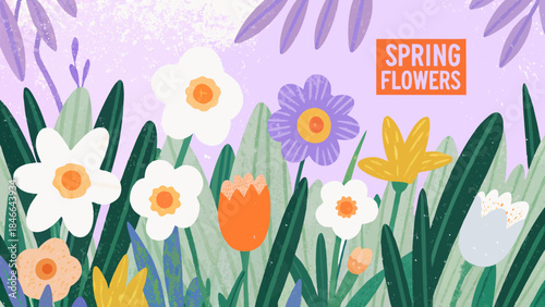 A colorful illustration depicting spring flowers in a whimsical and cheerful style