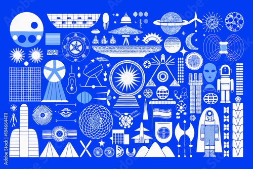 A whimsical collection of space elements and futuristic designs in blue