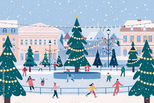 A festive winter scene with an ice rink christmas trees and people skating