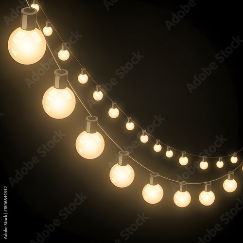 Glowing String Lights on Black Background.