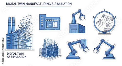 Visualizing the future of industry with digital twin technology, advanced manufacturing processes, and sophisticated simulation for smart factory automation.