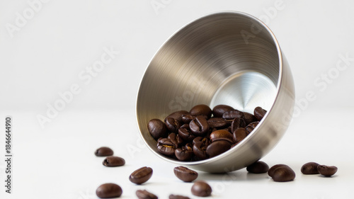 Metal bowl spilling coffee beans on white background.
