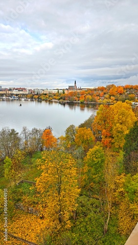 Sunset over the modern city part and architecture of Liljeholmen by Lake Mälaren in Stockholm, Sweden