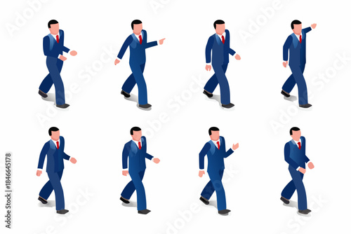 Isometric businessmen walking in different poses representing progress and movement