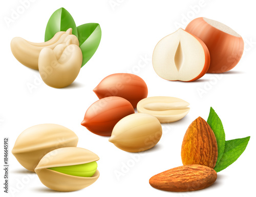 Detailed Nuts Set Include of Pistachio, Hazelnut, Almond, Peanut and Cashew isolated on white background. Healthy cooking ingredient. a source of protein. Realistic 3d Vector illustration