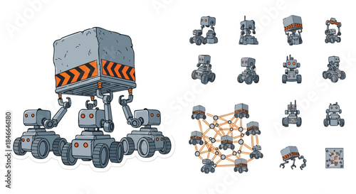Robotic units collaborate to move a large container, showcasing automation and interconnected systems in a digital illustration.