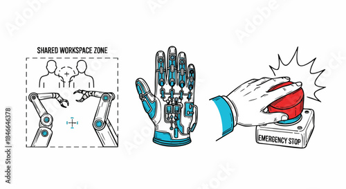 Conceptual illustrations showcase the evolving landscape of robotics, featuring shared human-robot workspaces, advanced bionic hands, and crucial emergency safety controls.