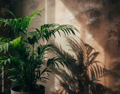 Houseplant Shadow on Textured Wall Illuminated by Sunlight