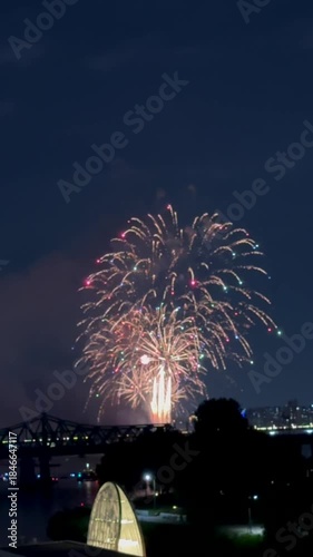 Never ending stream of fireworks bursts in night sky, forming flower like shape above river. Bright petals of light bloom over city in a mesmerizing festive display.