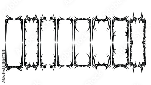 Set of eight decorative gothic-style vector frames with black, spiky, and thorny outlines, ideal for Halloween, horror, or fantasy designs. 
