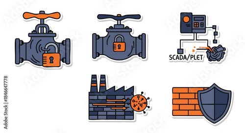 Industrial security icons depicting locked valves, SCADA systems, a protected factory, and a firewall safeguarding data.