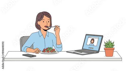 Woman enjoying a meal and engaging in a virtual video call from home