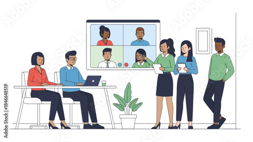 business team collaborating in a modern virtual meeting with digital devices and video