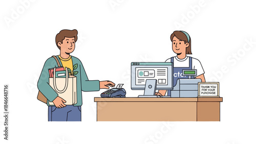 Customer and cashier interaction at a retail store checkout counter during shopping