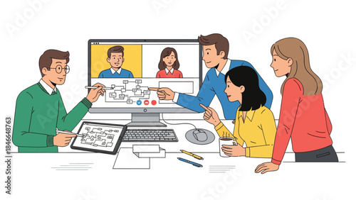 team collaboration in a modern office with digital devices and video conferencing tools
