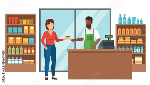 Customer Paying for Product at the Counter in a Store with Shelves Filled with Items