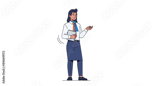 Professional businesswoman giving a presentation while holding documents and a phone in a