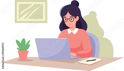 Smiling Woman Glasses Laptop Desk Remote Work Online Learning Cozy Workspace Vector Illustration