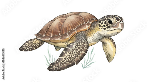Watercolor Painting of a Green Sea Turtle Swimming Among Seaweed