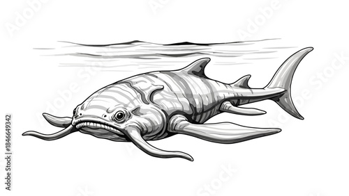 Prehistoric Striped Aquatic Fish with Whiskered Barbels Illustration