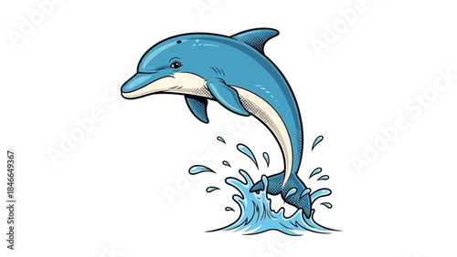 Playful Cartoon Blue Dolphin Leaping with Dynamic Splash Art
