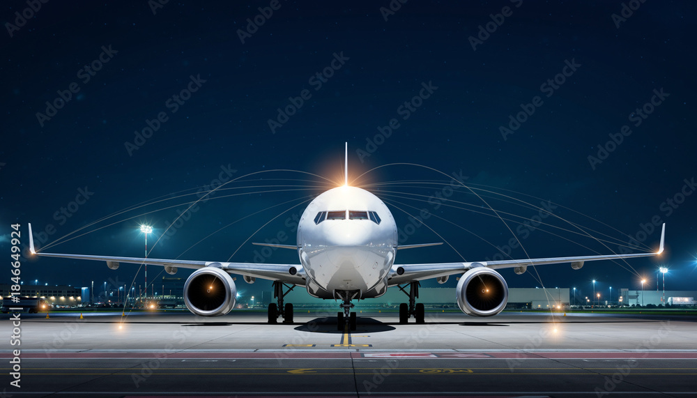 Fototapeta premium 航空機の正面構図に重ねたグローバル通信ネットワークの表現