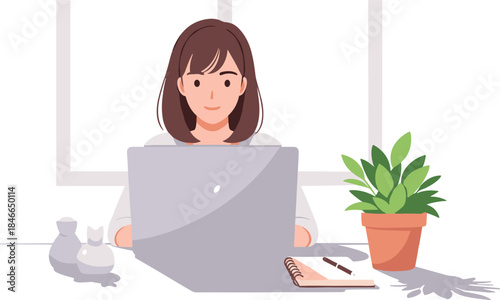 Young Woman Laptop Desk Plant Notebook Modern Home Office Productivity Comfortable Workspace Vector