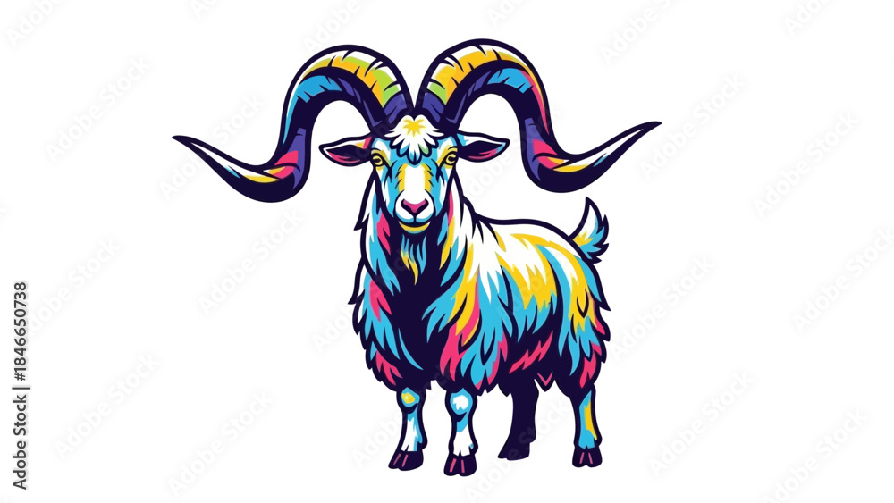 Naklejka premium Colorful Goat Illustration with Large Horns and Vibrant Pattern