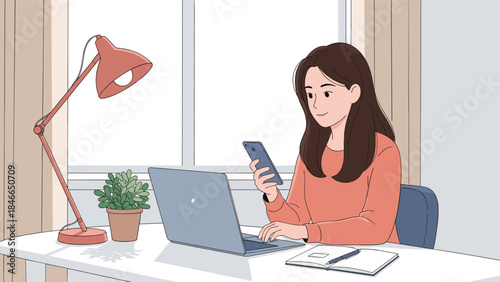 Remote Work Woman Laptop Smartphone Desk Plant Lamp Bright Window Modern Home Office Vector